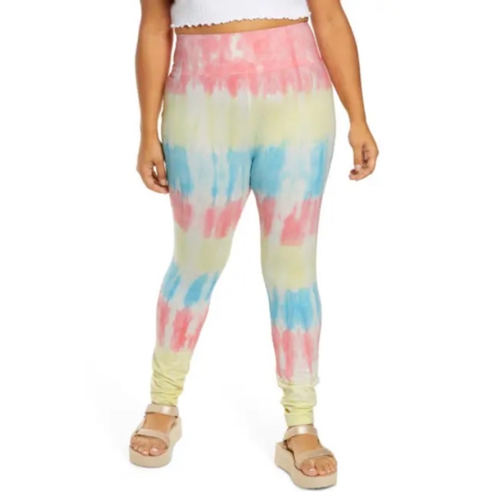 BP. Tie Dye Classic High Rise Leggings Elastic Waist Yellow Pink 1X NWT 5985